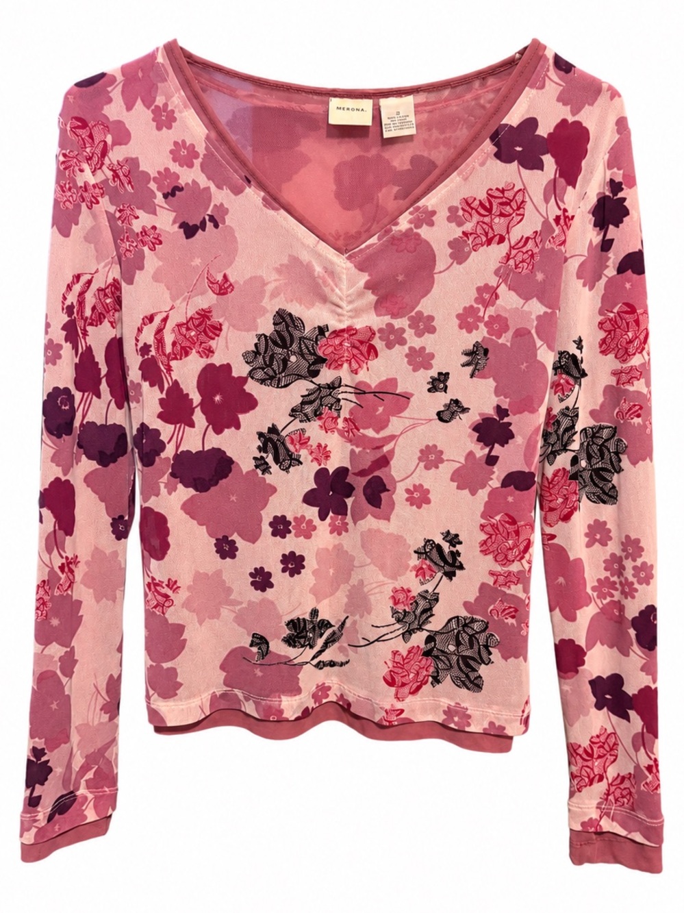 Y2K Vintage Merona Pink Floral V-Neck Long Sleeve Sheer Top